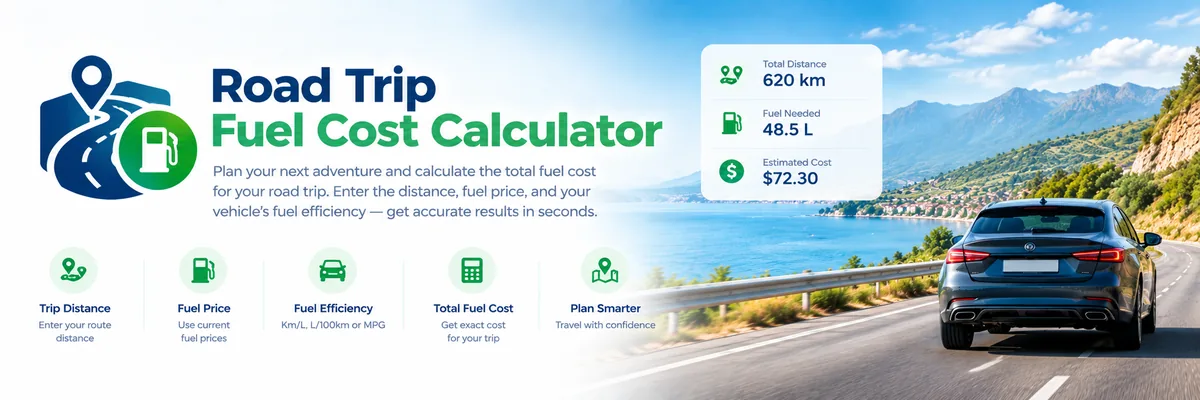 Fuel consumption calculator dashboard showing L/100km, km/L and MPG readouts for a car on the road