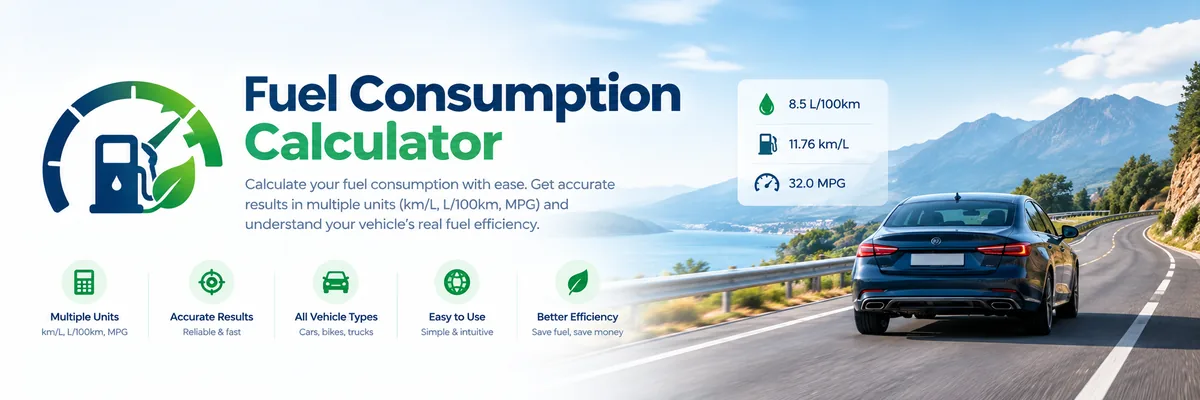 Road trip fuel calculator showing total distance, fuel needed and estimated cost with a car driving a coastal highway